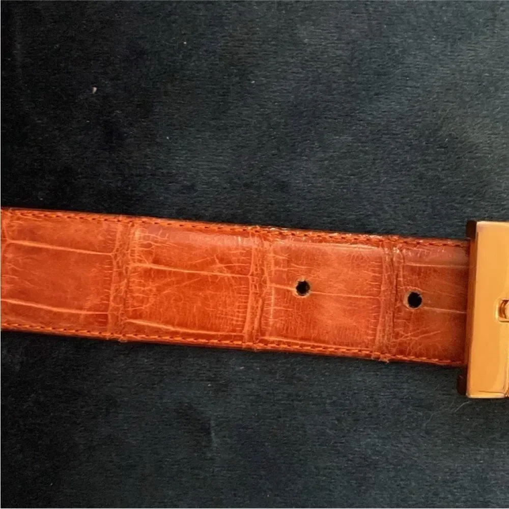 David Eden Brown Crocodile skin Belt with Gold Buckle, L 42 inch